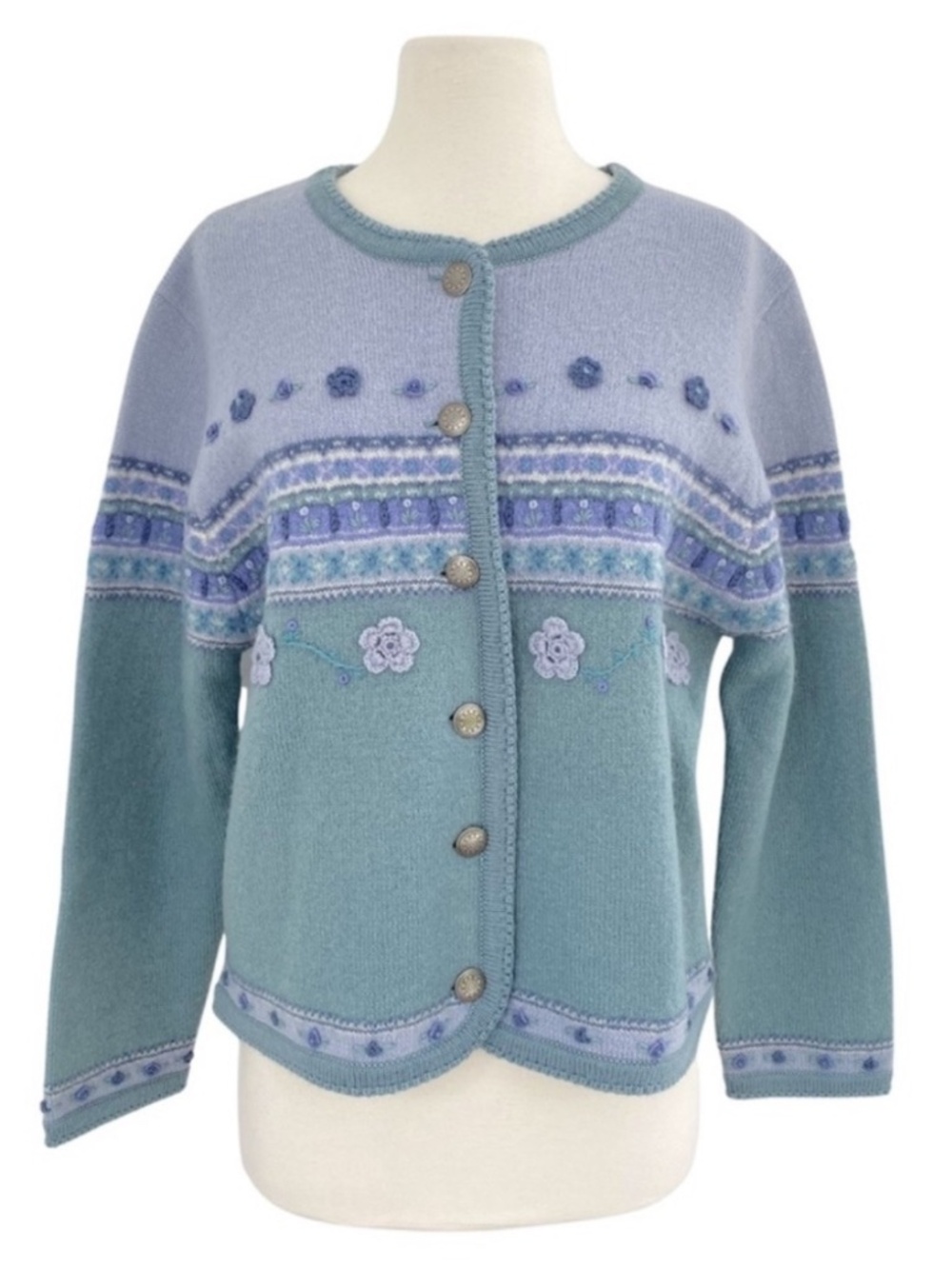 VTG 100% Wool Cardigan Sweater Floral Embellished Blue Large Petite